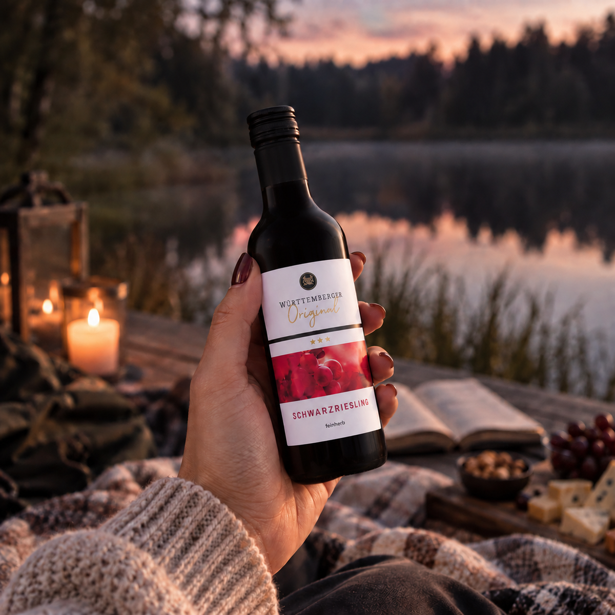 Württemberger Original Schwarzriesling von WZG wird bei Sonnenuntergang am See in der Hand gehalten.