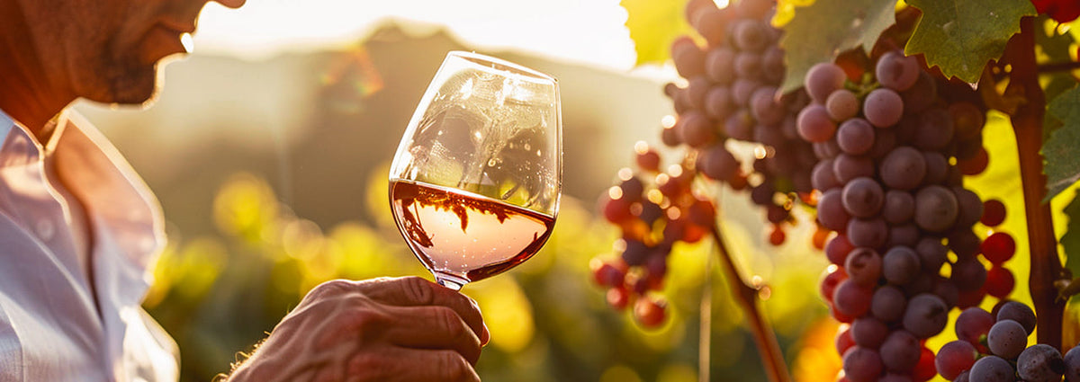 Mann steht im Weinberg mit einem Glas WZG Wein in der Hand 