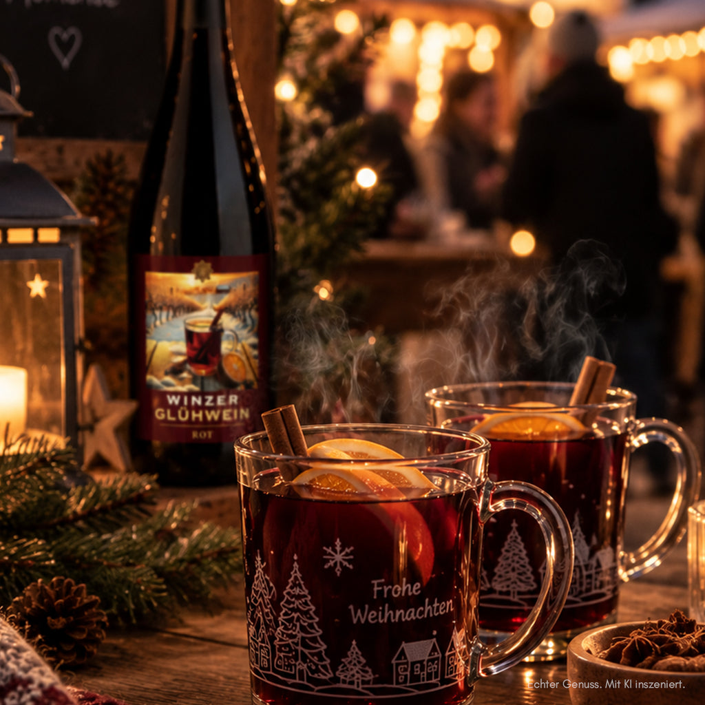 Aus’m Ländle Winzerglühwein rot der WZG mit zwei Gläsern im Vordergrund eines Weihnachtsmarktes.