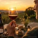 Mann hält Rotweinglas mit WZG Ländle Rotwein in der Hand und schaut in die Natur