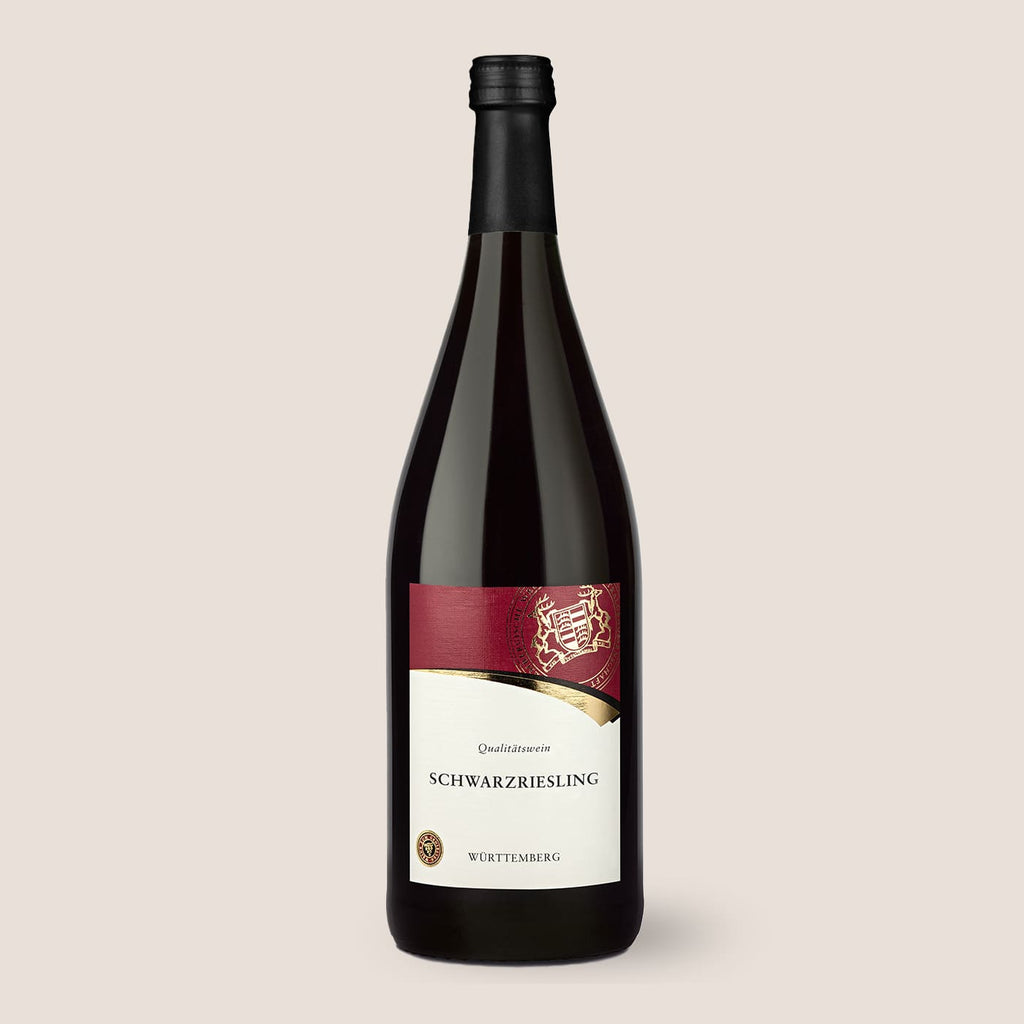 Dunkle Flasche Aus’m Ländle SchwarzrieslingRotwein der WZG mit weißem und rotem Etikett.