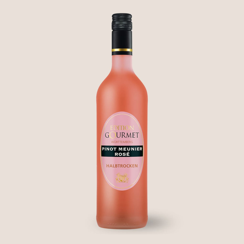 Flasche Edition Gourmet Pinot Meunier Roséwein der WZG vor hellem Hintergrund.