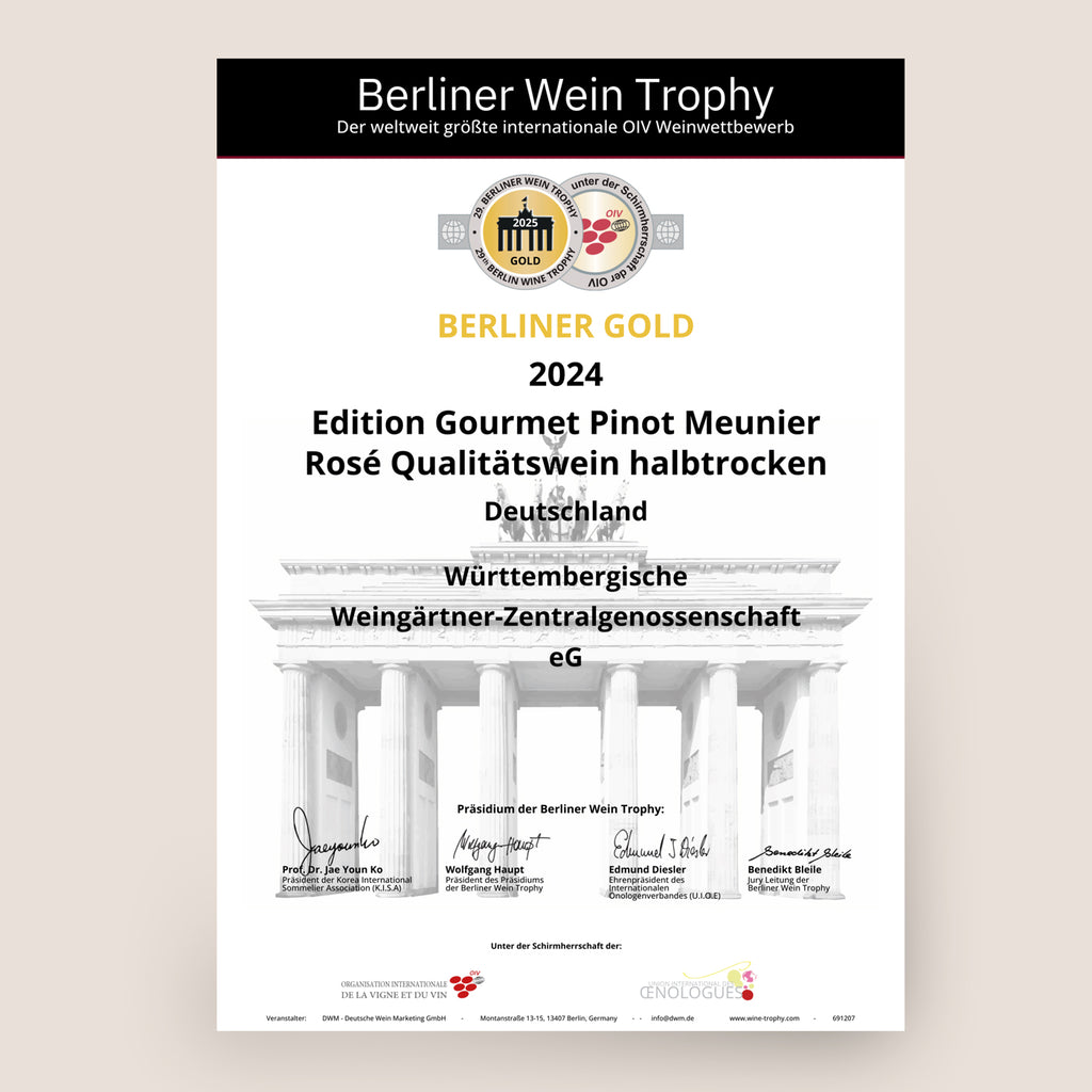 Berliner Wine Trophy Urkunde für einen prämierten Edition Gourmet Wein der WZG.