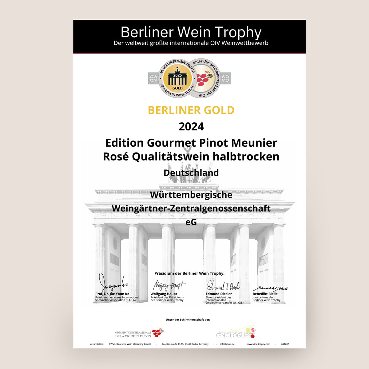 Berliner Wine Trophy Urkunde für einen prämierten Edition Gourmet Wein der WZG.