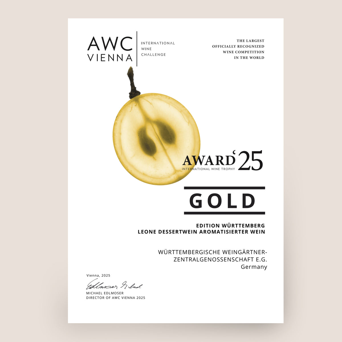 AWC Vienna Gold-Auszeichnung 2025 für Edition Württemberg Leone Dessertwein der WZG.