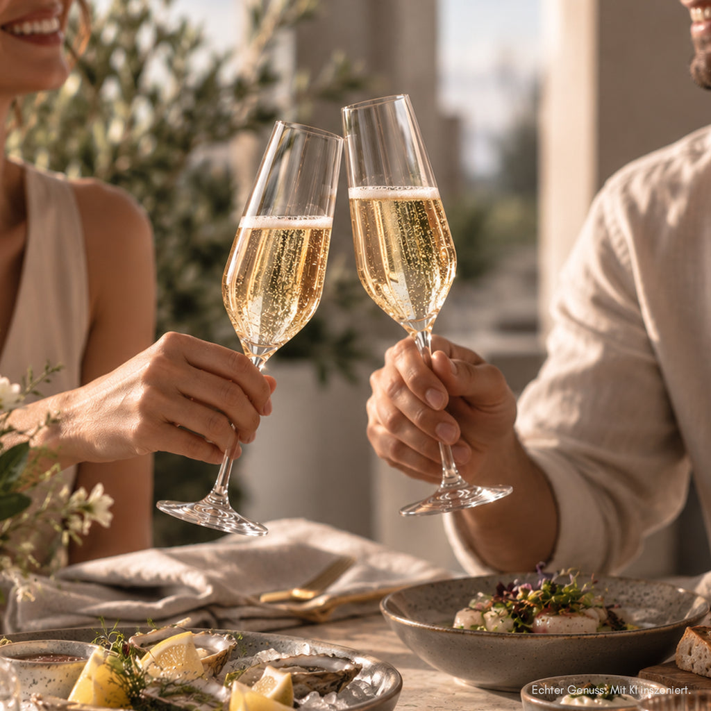 Paar geniesst einen Blanc de Blanc zu einem Abendessen