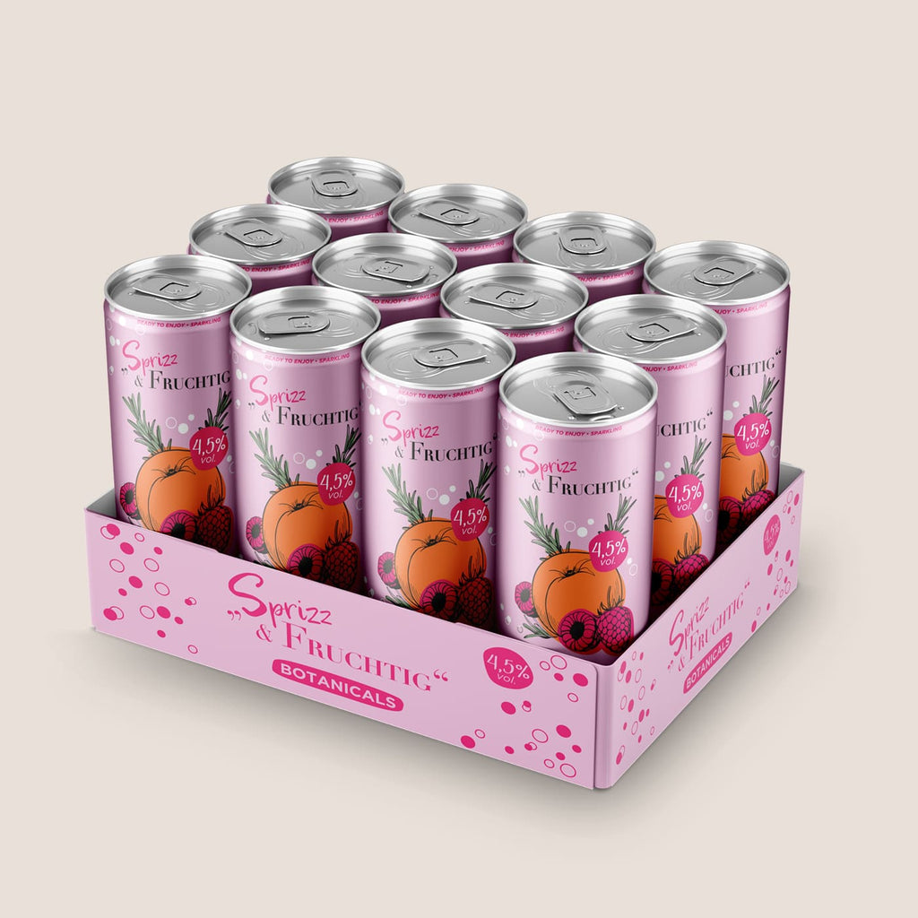 Tray Sprizz & Fruchtig Dosen Infusion Botanicals der WZG in einer Verkaufs- und Transportbox.