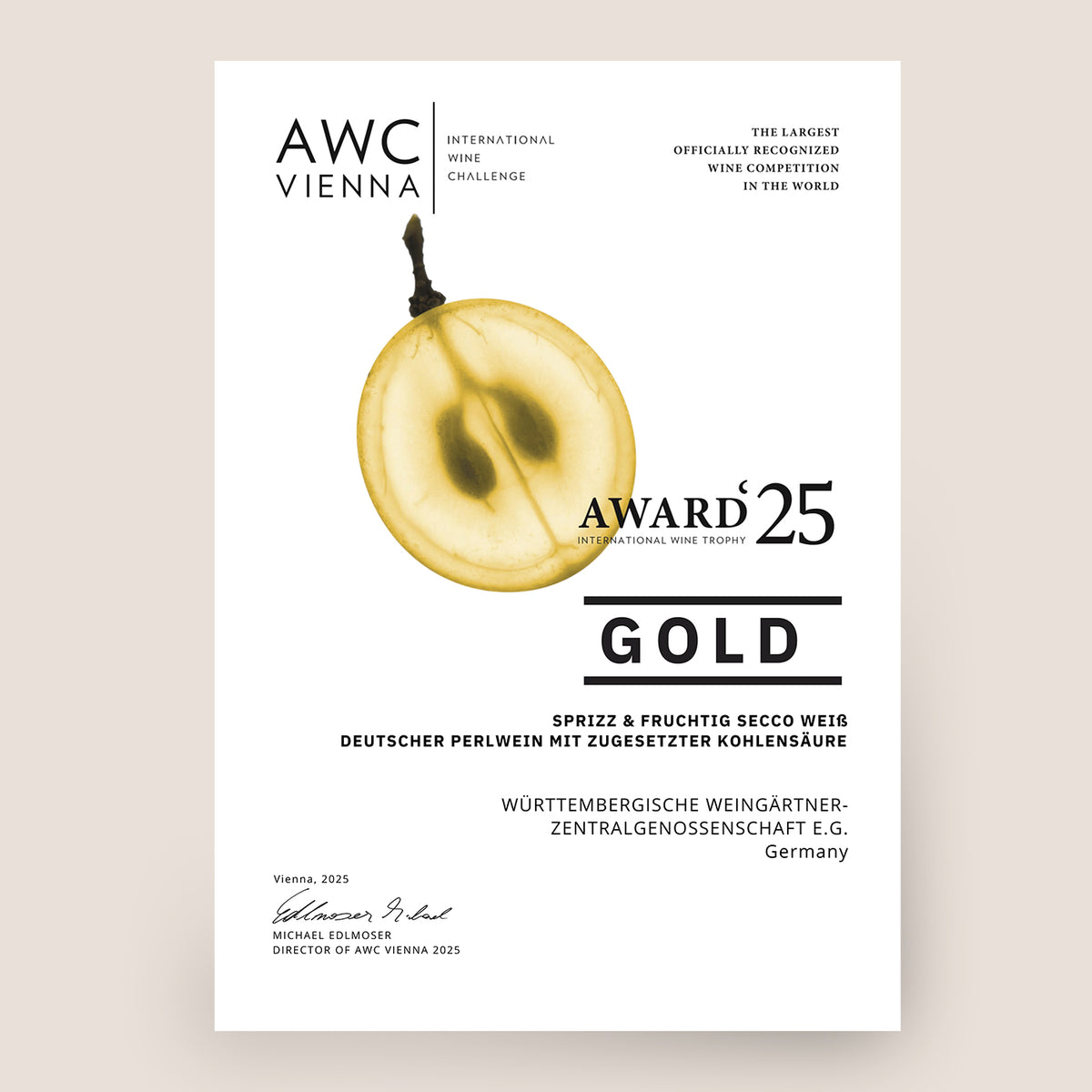 AWC Vienna Gold-Auszeichnung 2025 für ein Sprizz & Fruchtig Secco weiß der WZG.