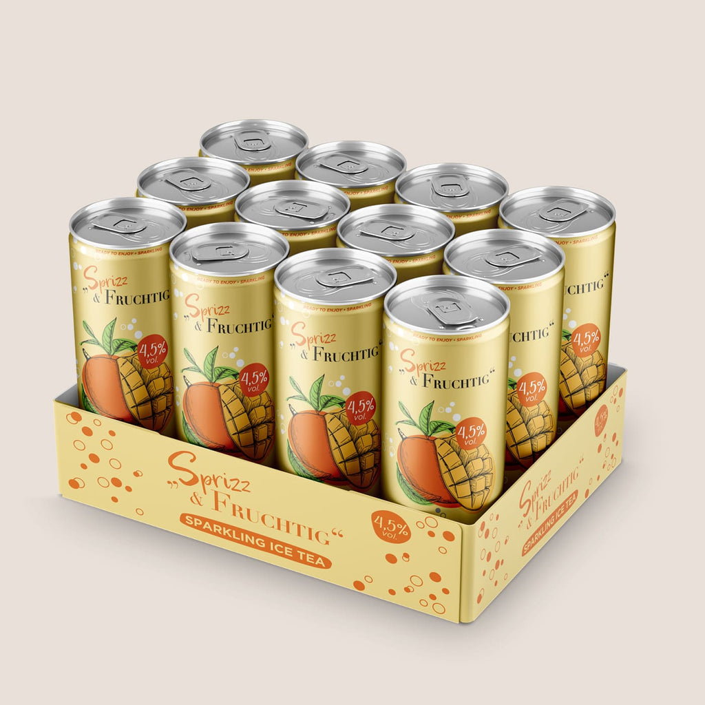 Mehrere Sprizz & Fruchtig Sparkling Ice Tea Dosen von WZG in einem 12er Tray.