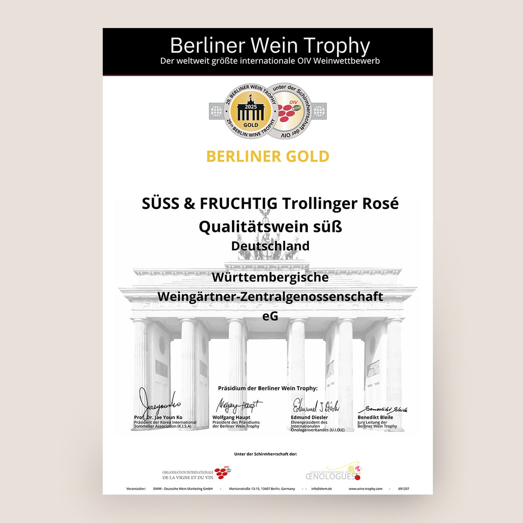 Berliner Wine Trophy Urkunde für prämierten Süss & Fruchtig Trollinger Rosewein der WZG.