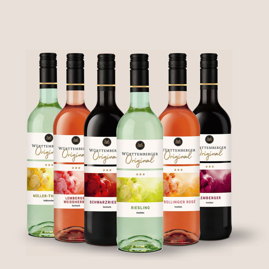 Auswahl verschiedener Württemberger Weine der WZG mit Weißwein, Roséwein und Rotwein.