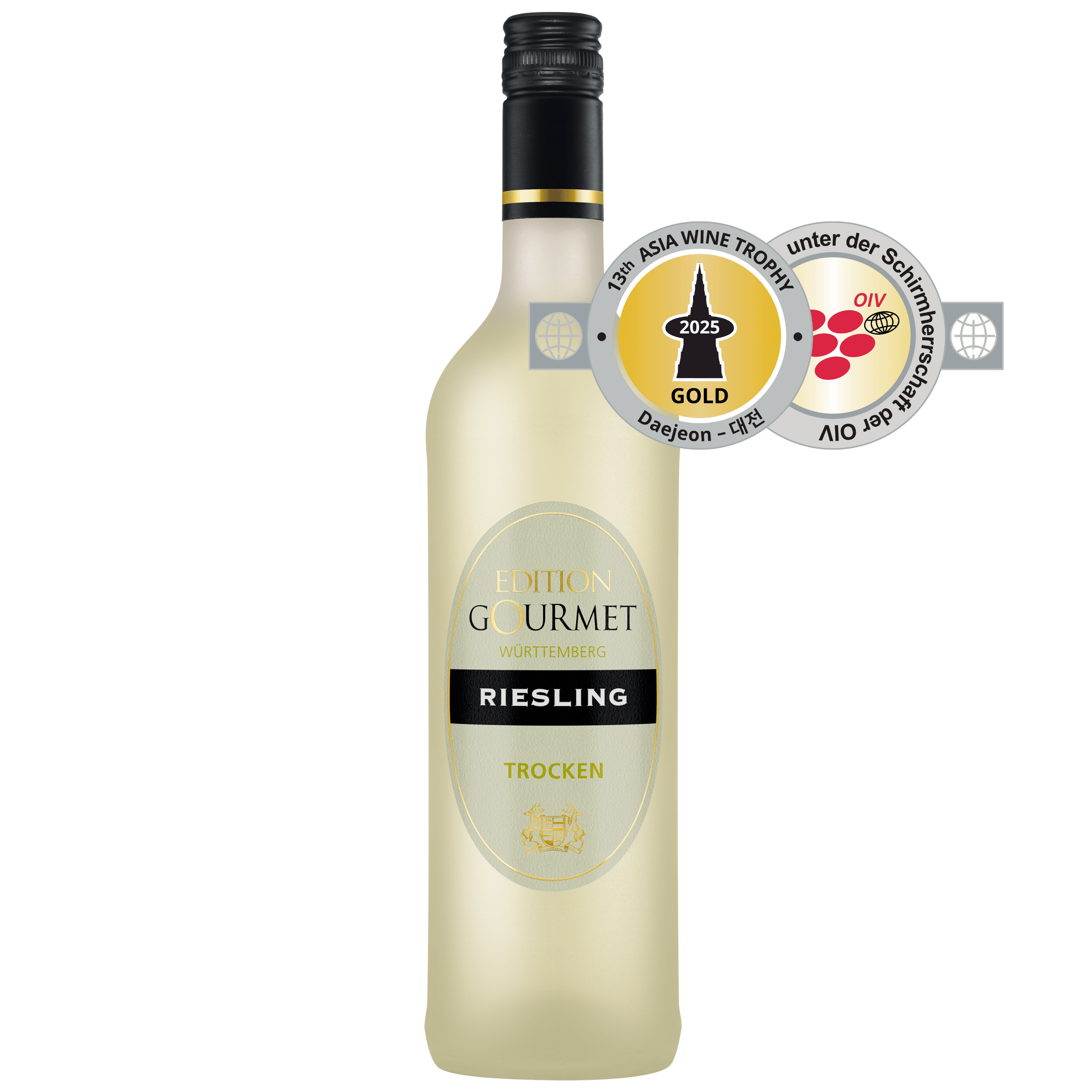 Weißweinflasche der Sorte Riesling trocken mit Asia Wine Trophy Gold Auszeichnung aus dem WZG Weinshop