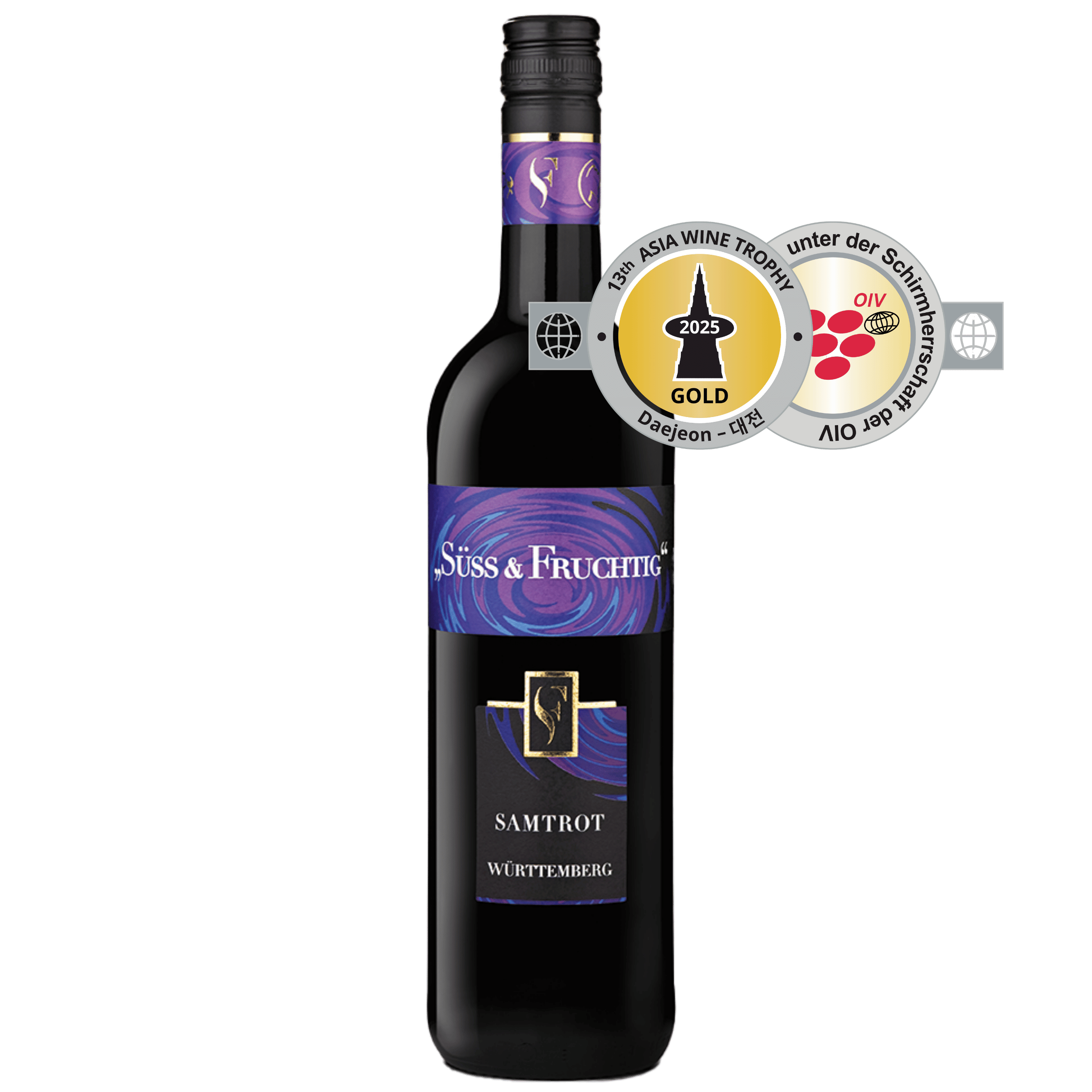 Rotweinflasche der Sorte Samtrot mit Asia Wine Trophy Gold Auszeichnung aus dem WZG Weinshop