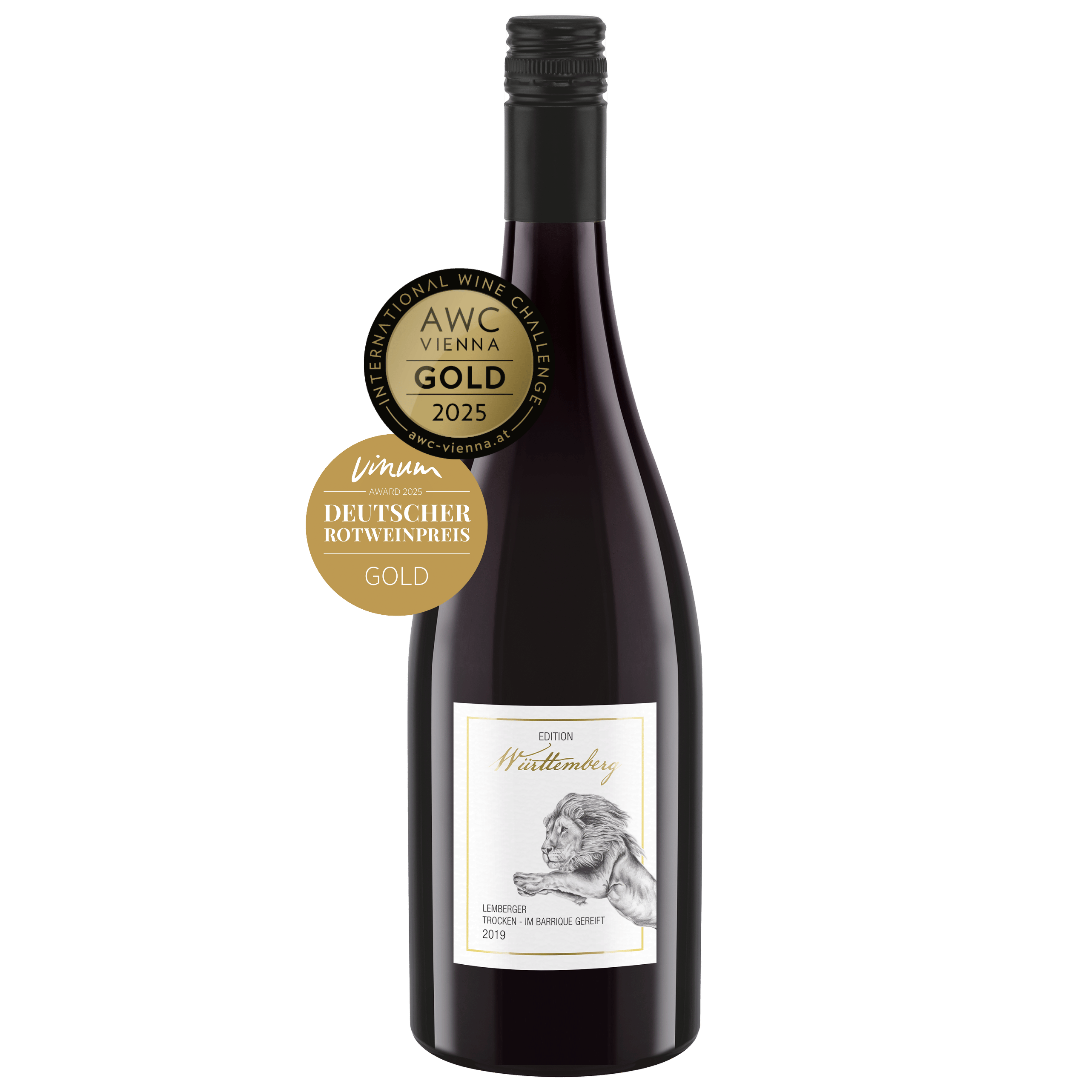 Rotweinflasche der Serie Edition Württemberg der Sorte Lemberger mit AWC und Vinum Rotweinpreis Goldauszeichnung im WZG Weinshop