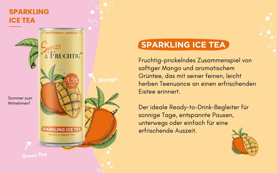 Sprizz & Fruchtig Infusion Sparkling Ice Tea in der Dose mit Mango und Grüntee. Aromatisiertes Mixgetränk auf Weinbasis mit fruchtigem Mango und feinem Tee Geschmack.