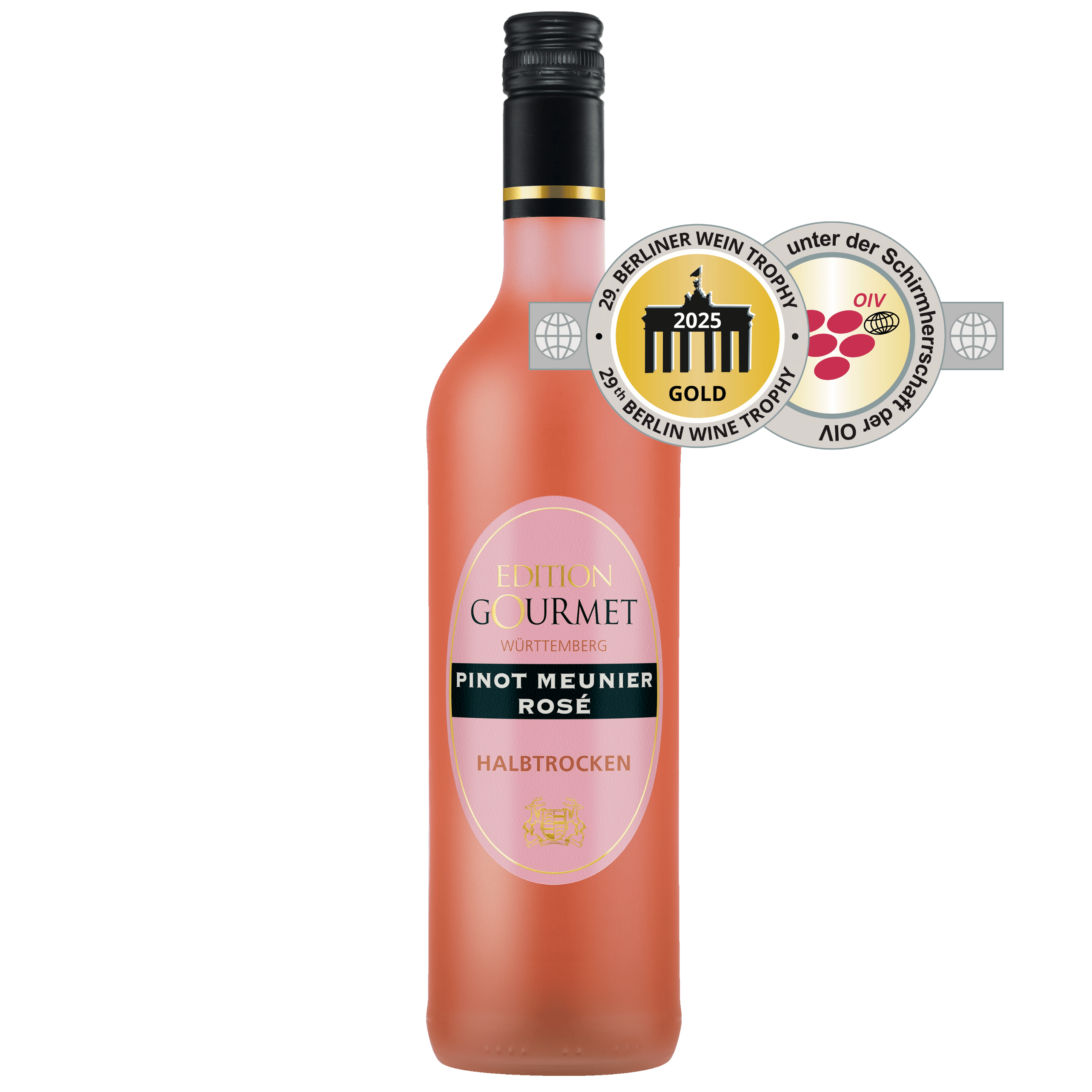 Roséweinflasche Edition Gourmet der Sorte Pinot Meunier halbtrocken mit Goldauszeichnung aus dem WZG Weinshop